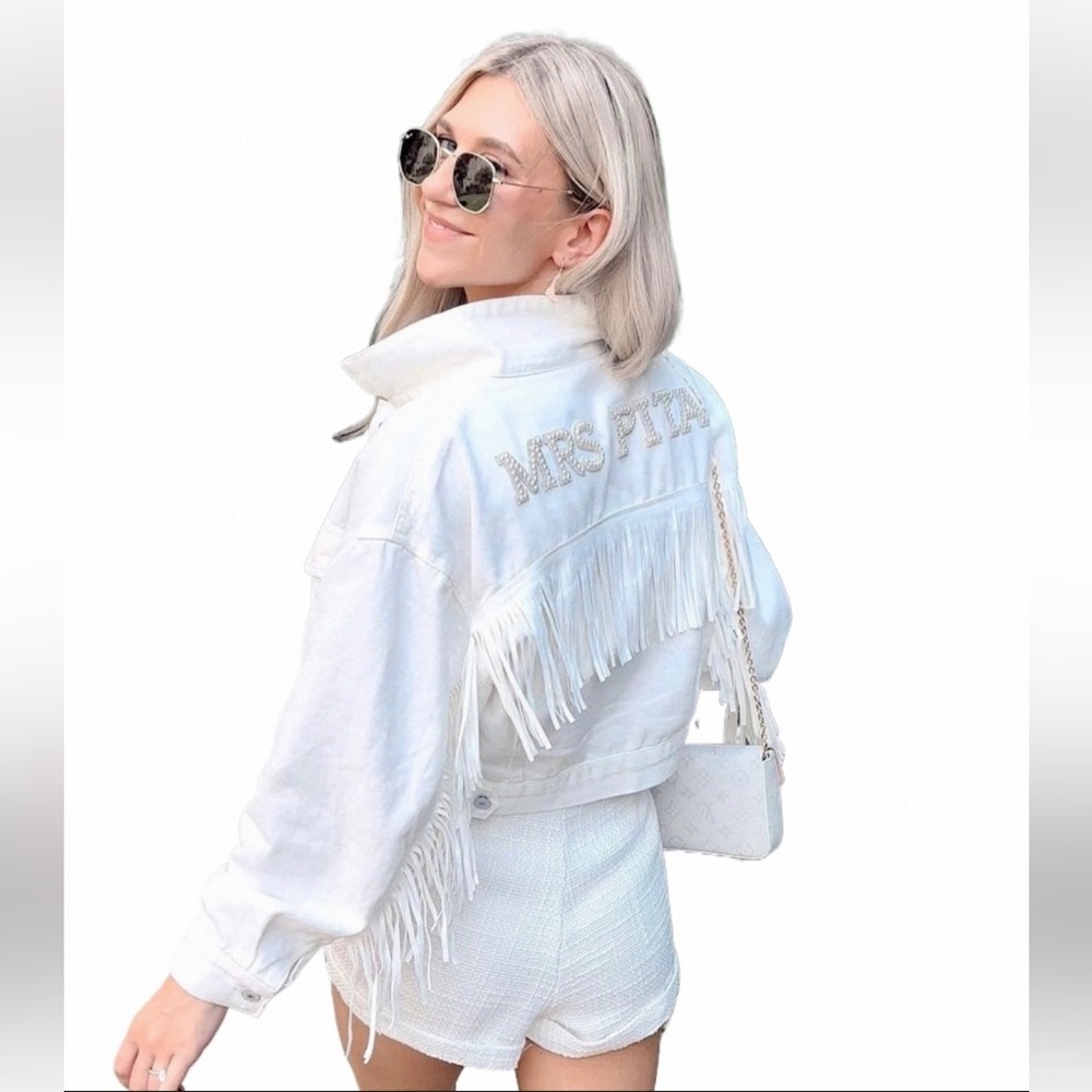 Pearl Fringe Denim Jacket MRS BRO Custom Bachelorette Party‎ and Wedding Gifts